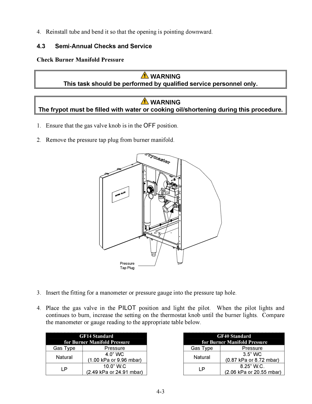 Frymaster GF14, GF40 operation manual Semi-Annual Checks and Service, Check Burner Manifold Pressure 