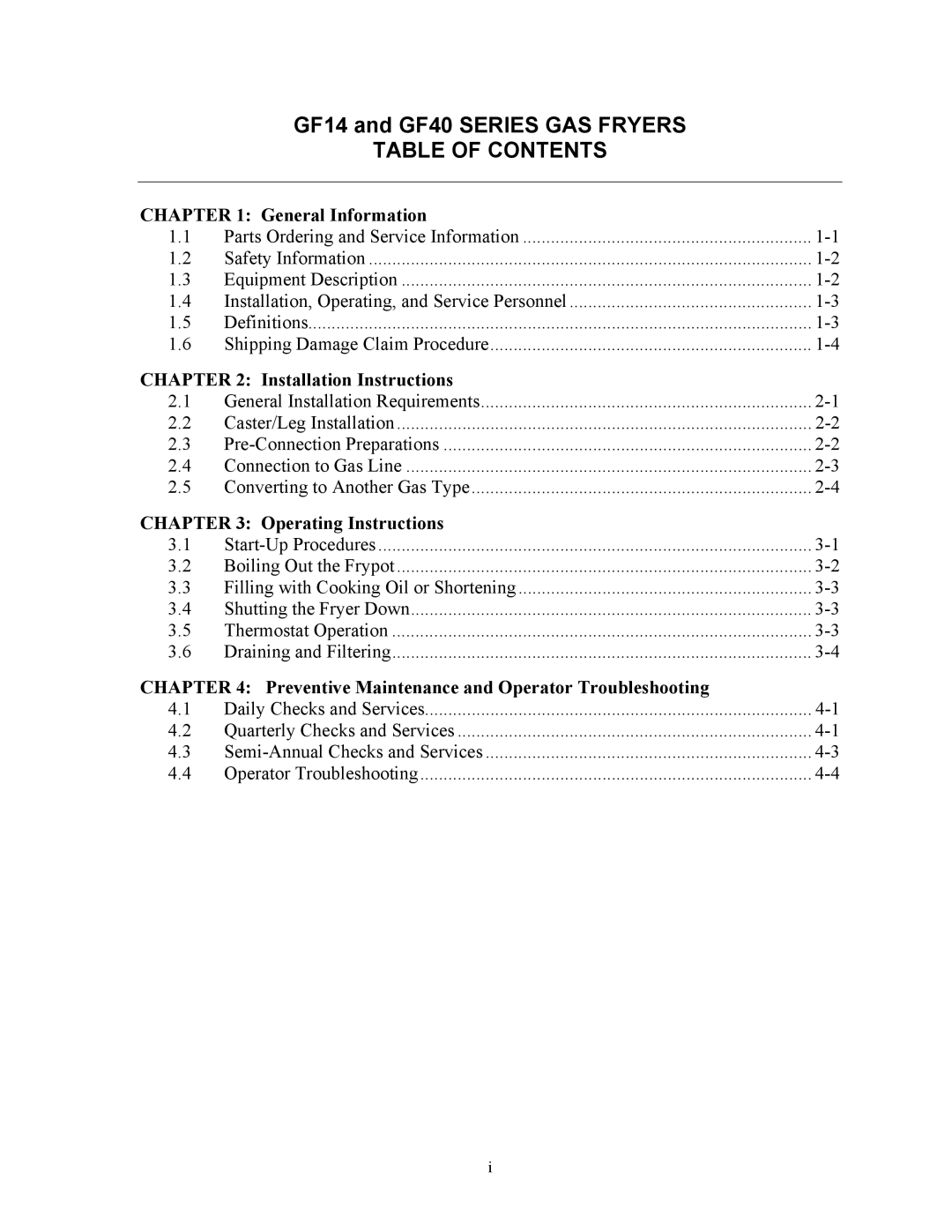 Frymaster GF40, GF14 operation manual Table of Contents 