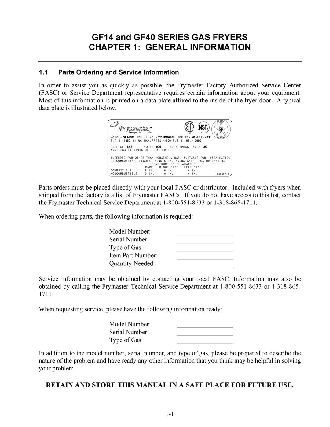 Frymaster GF14, GF40 operation manual General Information, Parts Ordering and Service Information 