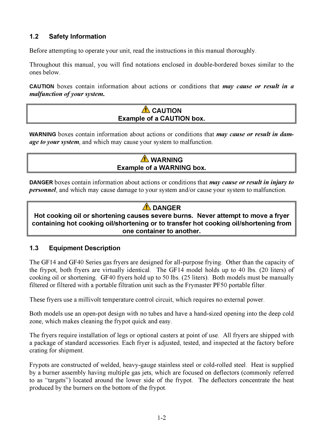 Frymaster GF40, GF14 operation manual Safety Information 