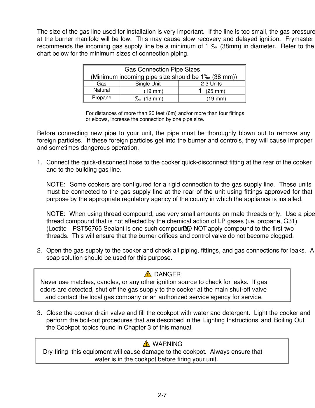 Frymaster GC, GSMS, GBC operation manual Gas Connection Pipe Sizes, Minimum incoming pipe size should be 1½38 mm 