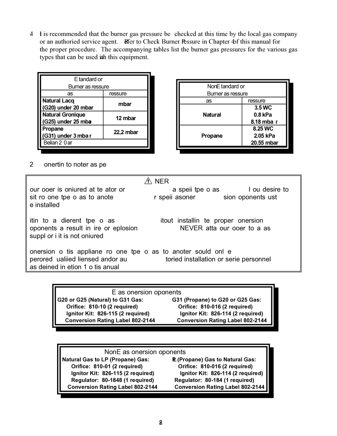 Frymaster GSMS, GBC, GC operation manual Non-CE Gas Conversion Components, CE Standard for Burner Gas Pressure 