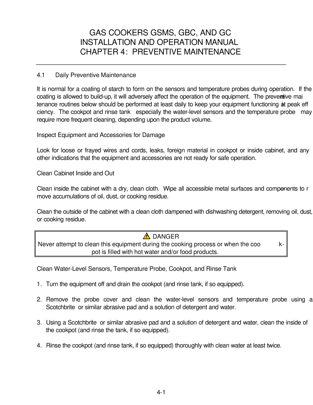 Frymaster operation manual GAS Cookers GSMS, GBC, and GC Preventive Maintenance, Daily Preventive Maintenance 