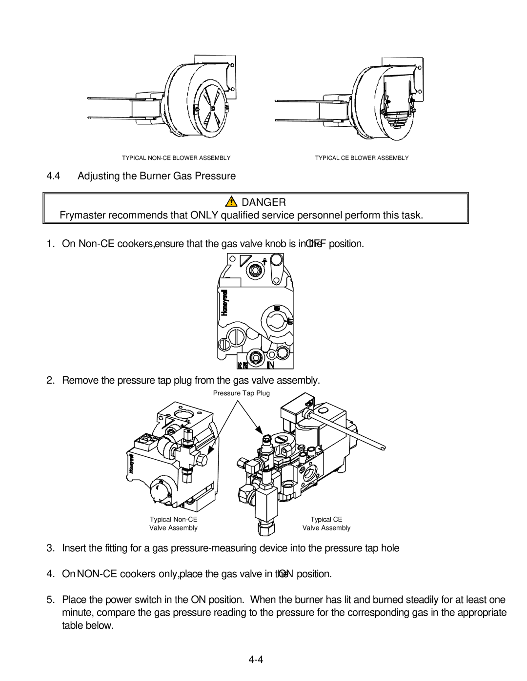 Frymaster GSMS, GBC, GC operation manual Pressure Tap Plug Typical Non-CE Valve Assembly Typical CE 