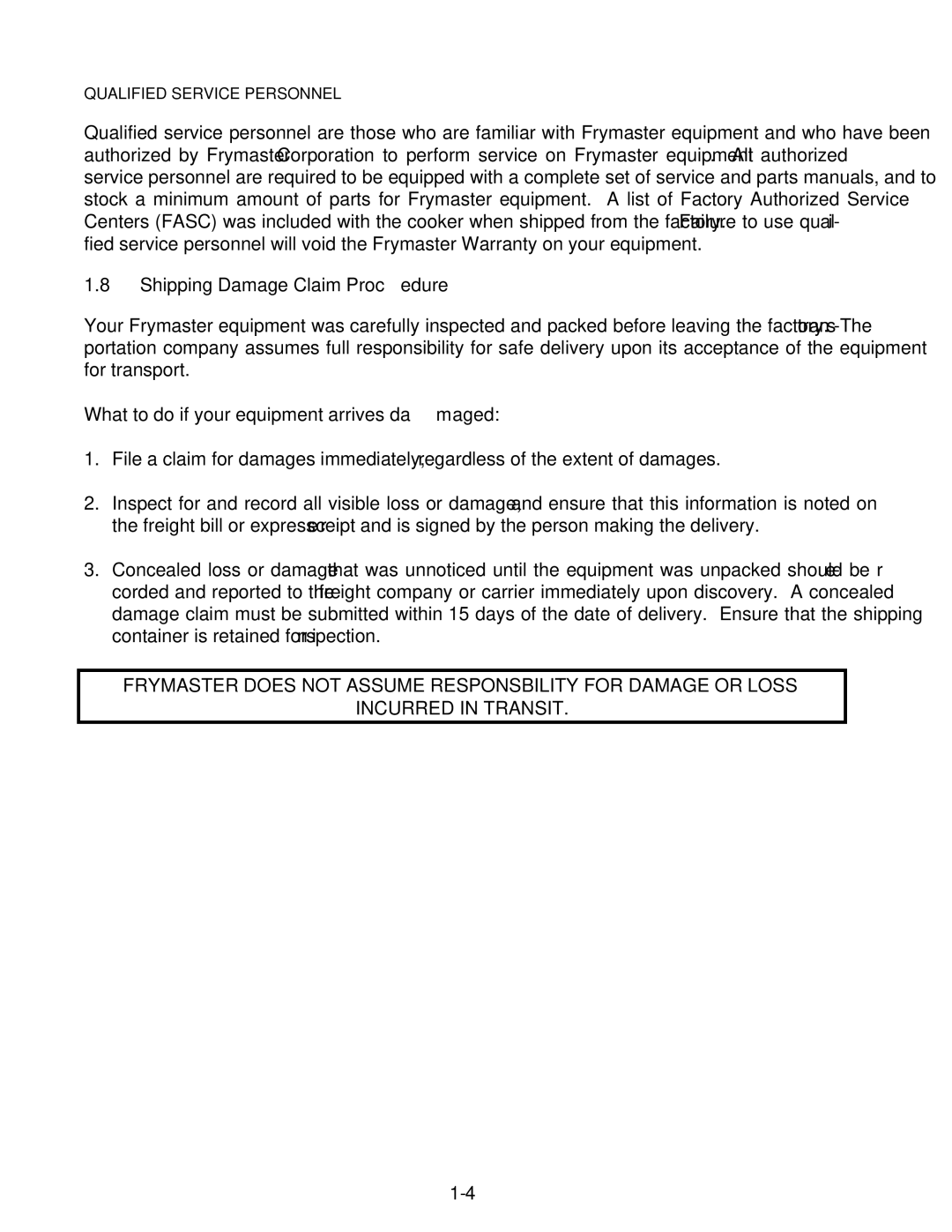 Frymaster GBC, GSMS, GC operation manual Shipping Damage Claim Procedure, What to do if your equipment arrives damaged 