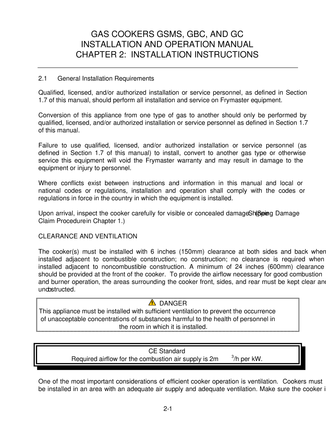 Frymaster operation manual GAS Cookers GSMS, GBC, and GC Installation Instructions, General Installation Requirements 