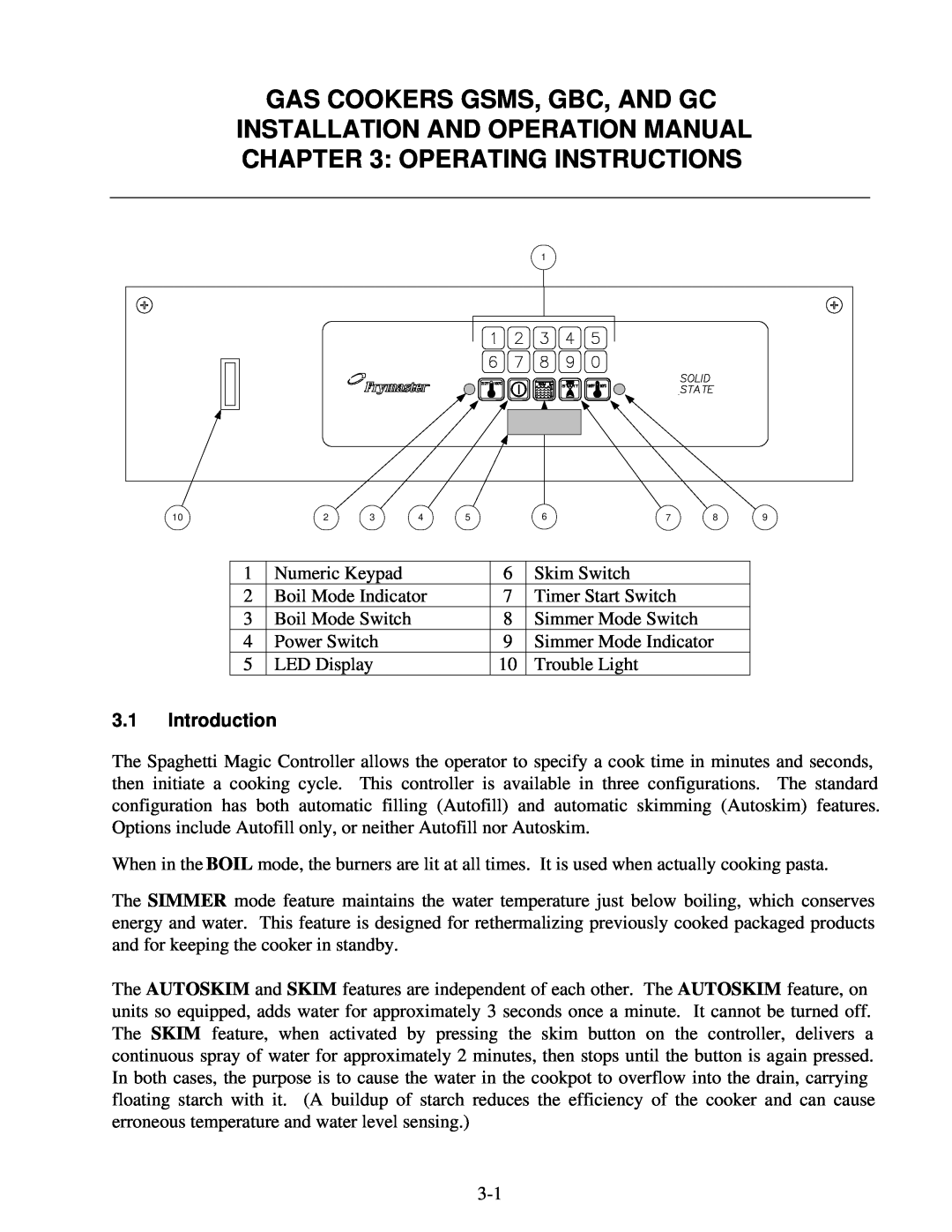 Frymaster GC, GSMS, GBC operation manual Operating Instructions, 3.1Introduction, Gas Cookers Gsms, Gbc, And Gc 