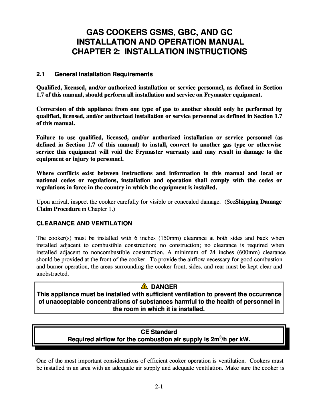 Frymaster GC, GSMS Installation Instructions, 2.1General Installation Requirements, Clearance And Ventilation, CE Standard 