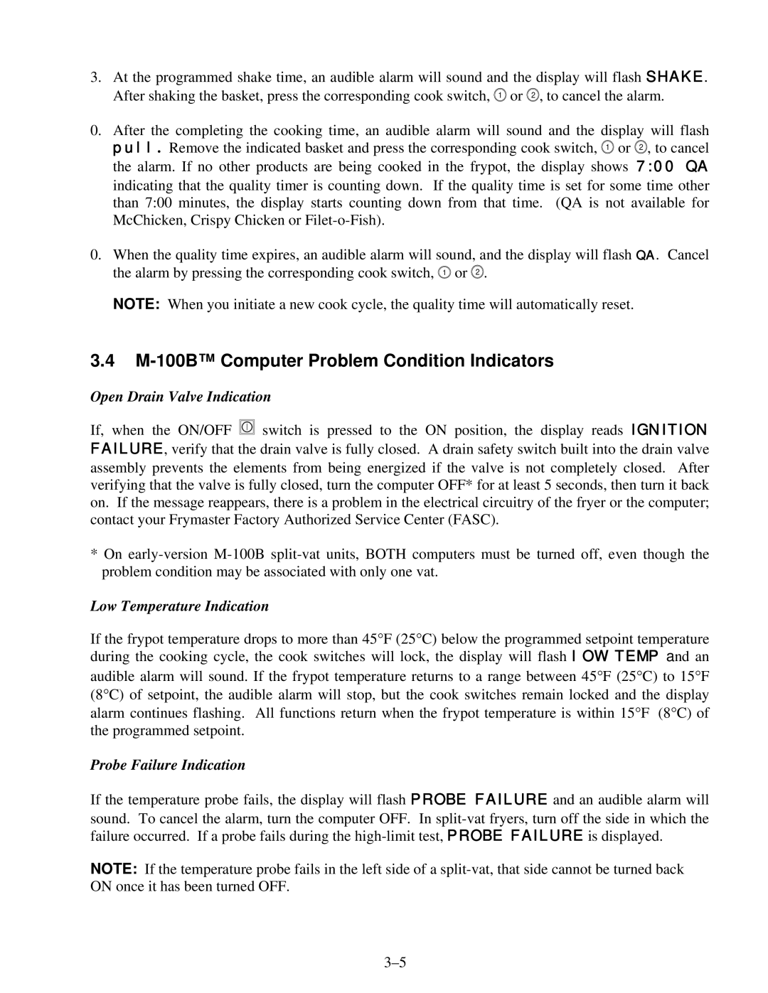 Frymaster H14 Series service manual M-100B Computer Problem Condition Indicators, Open Drain Valve Indication 