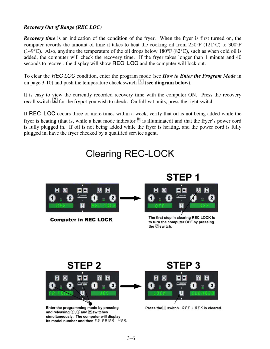 Frymaster H14 Series service manual Recovery Out of Range REC LOC 