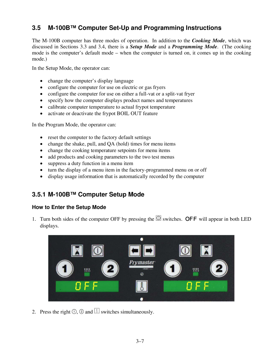 Frymaster H14 Series service manual M-100B Computer Set-Up and Programming Instructions, 1 M-100B Computer Setup Mode 