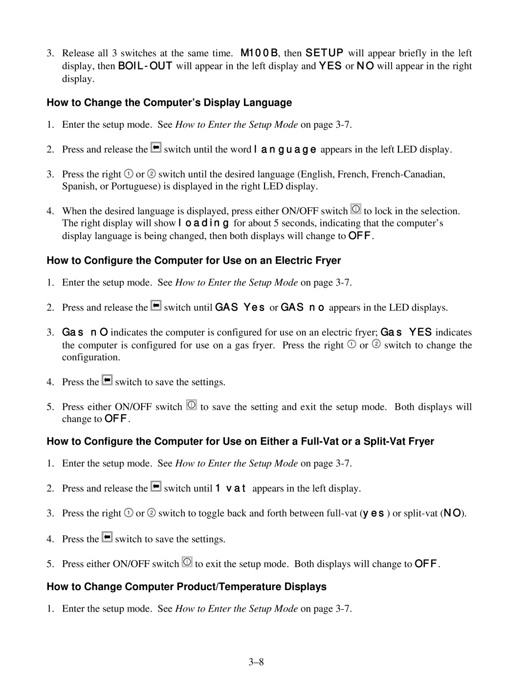 Frymaster H14 Series How to Change the Computer’s Display Language, How to Change Computer Product/Temperature Displays 