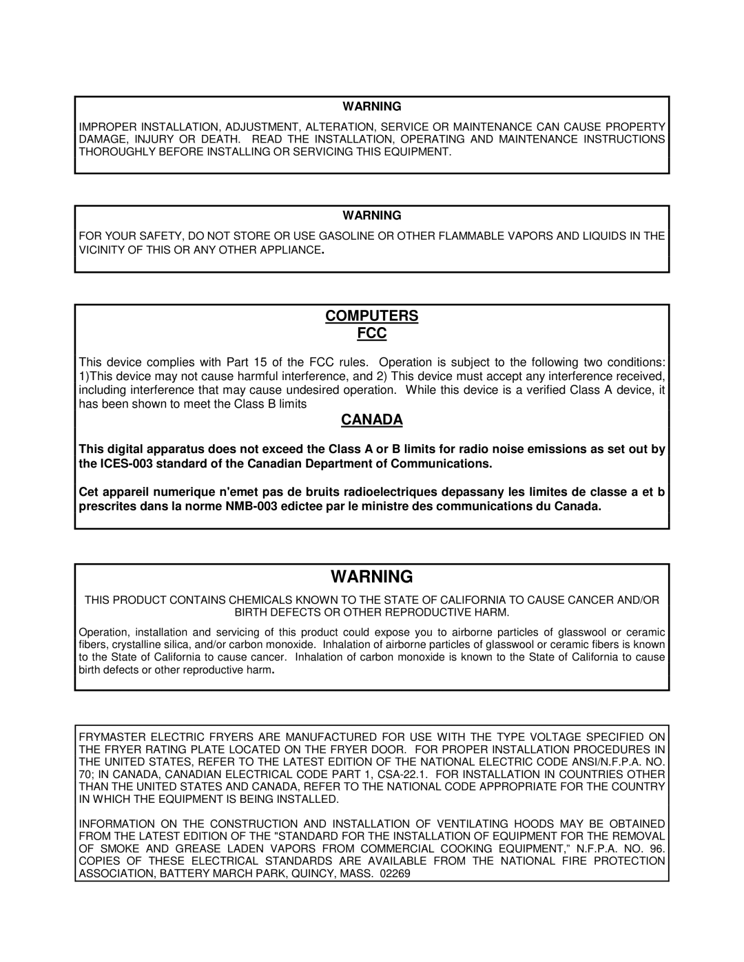 Frymaster H14 Series service manual Computers FCC 