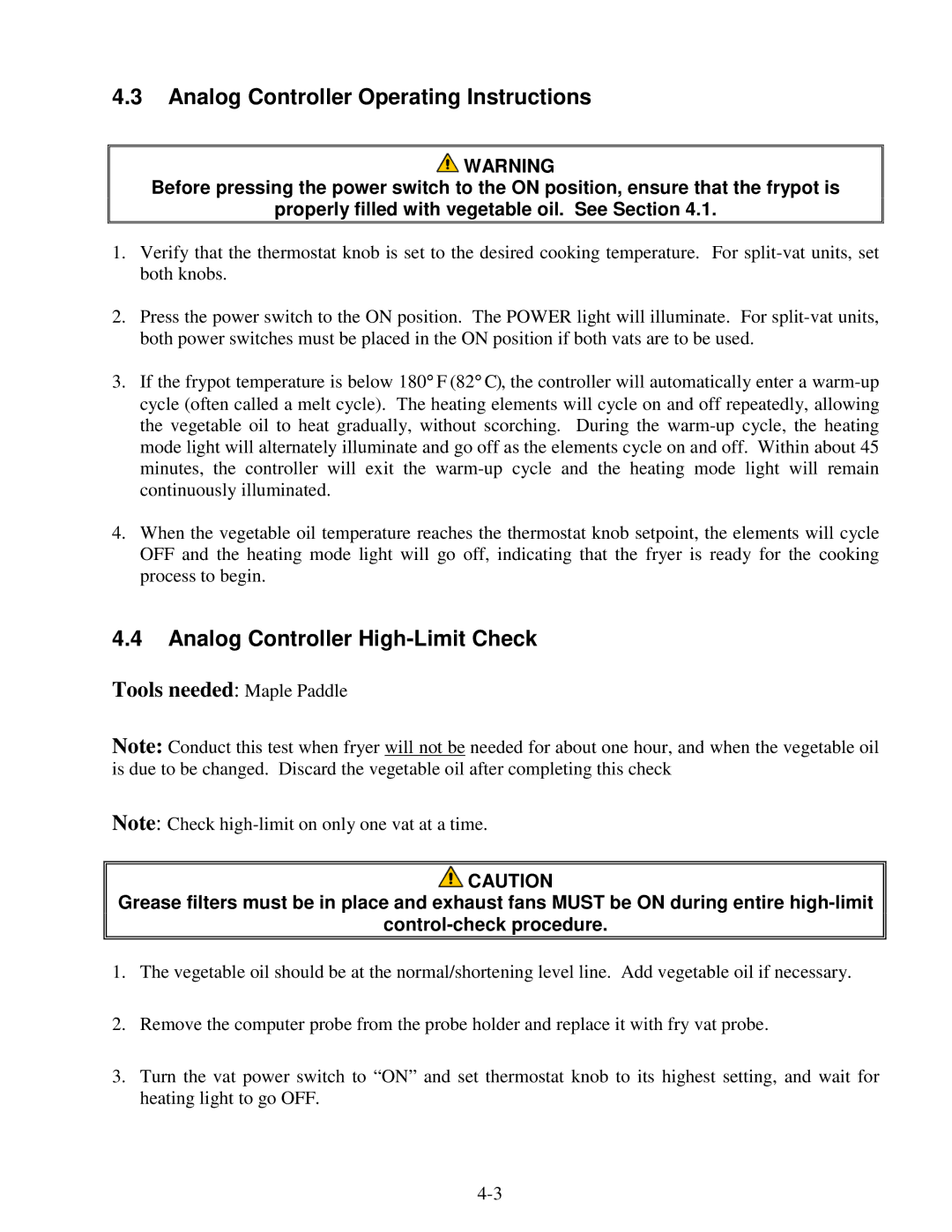 Frymaster H14 Series service manual Analog Controller Operating Instructions, Analog Controller High-Limit Check 