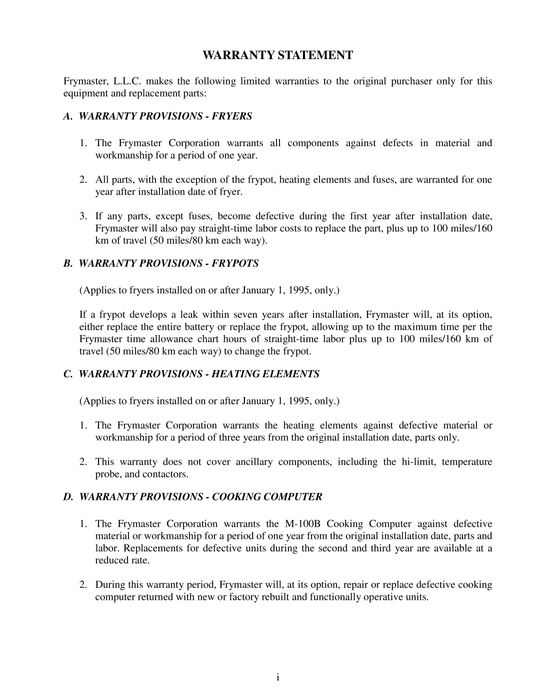 Frymaster H14 Series service manual Warranty Statement 