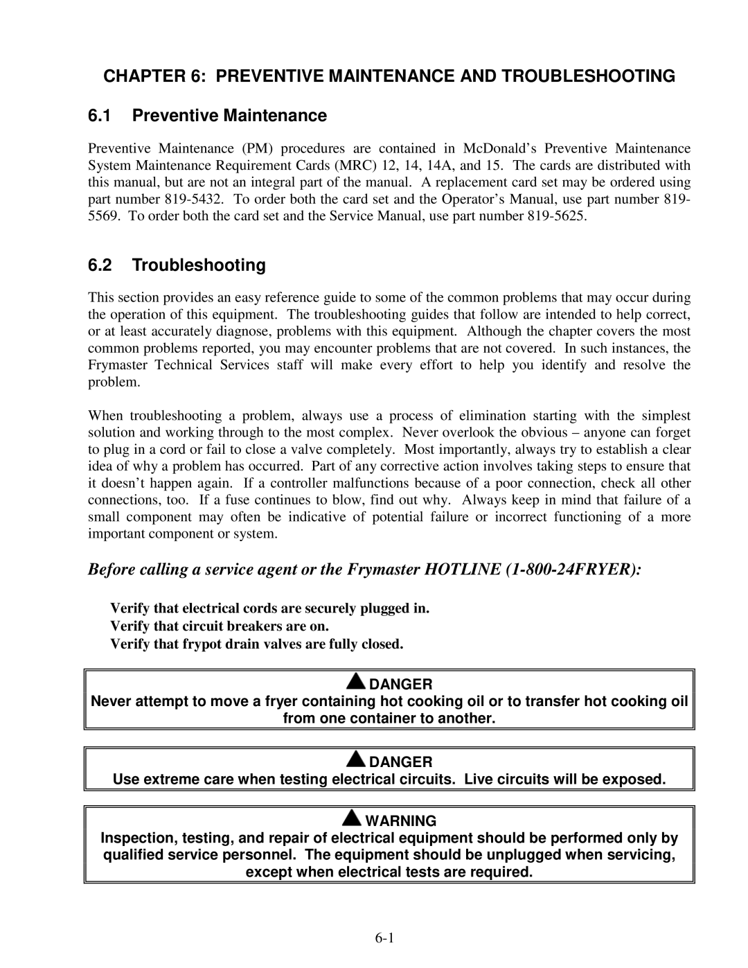 Frymaster H14 Series service manual Preventive Maintenance and Troubleshooting, Preventive Maintenance Troubleshooting 