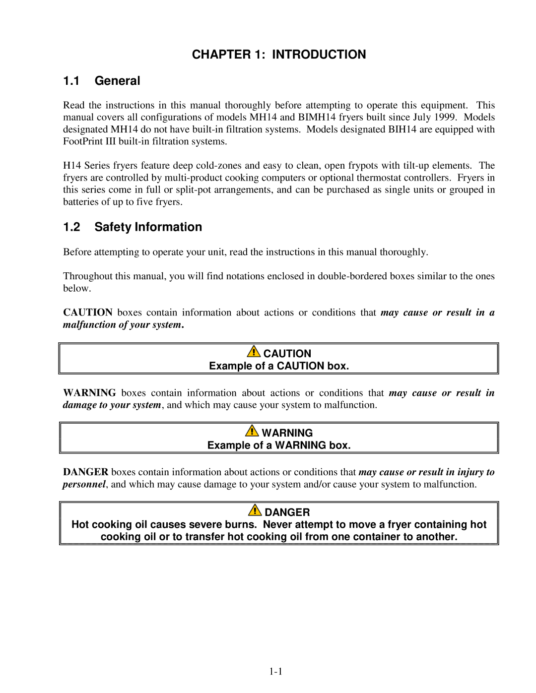 Frymaster H14 Series service manual Introduction, General, Safety Information 