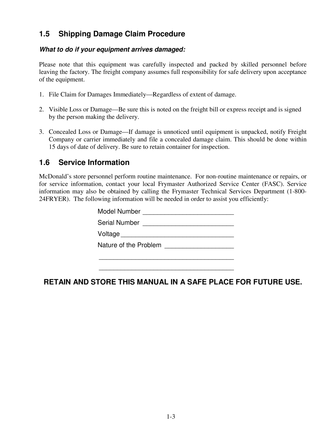 Frymaster H14 Series service manual Shipping Damage Claim Procedure, Service Information 