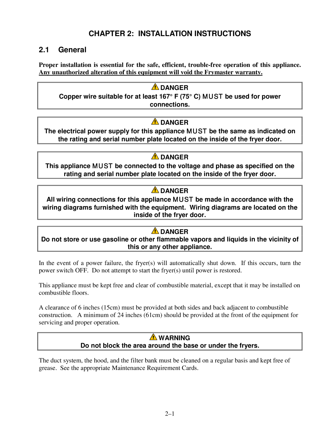 Frymaster H14 Series service manual Installation Instructions, Do not block the area around the base or under the fryers 