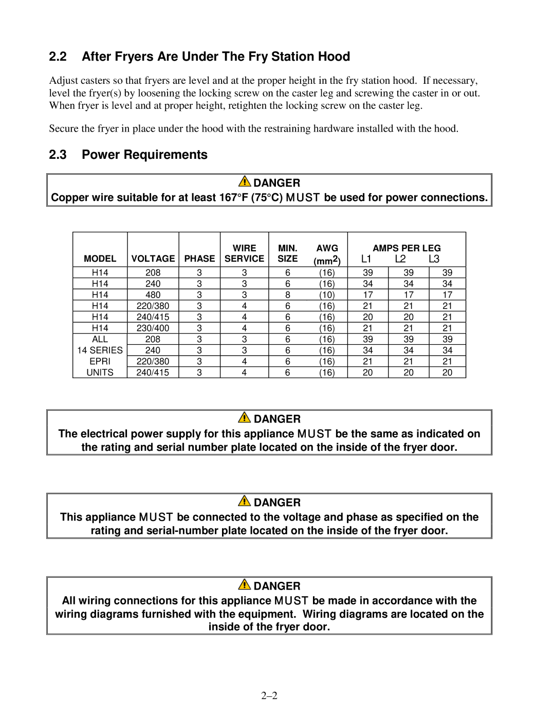 Frymaster H14 Series service manual After Fryers Are Under The Fry Station Hood, Power Requirements 