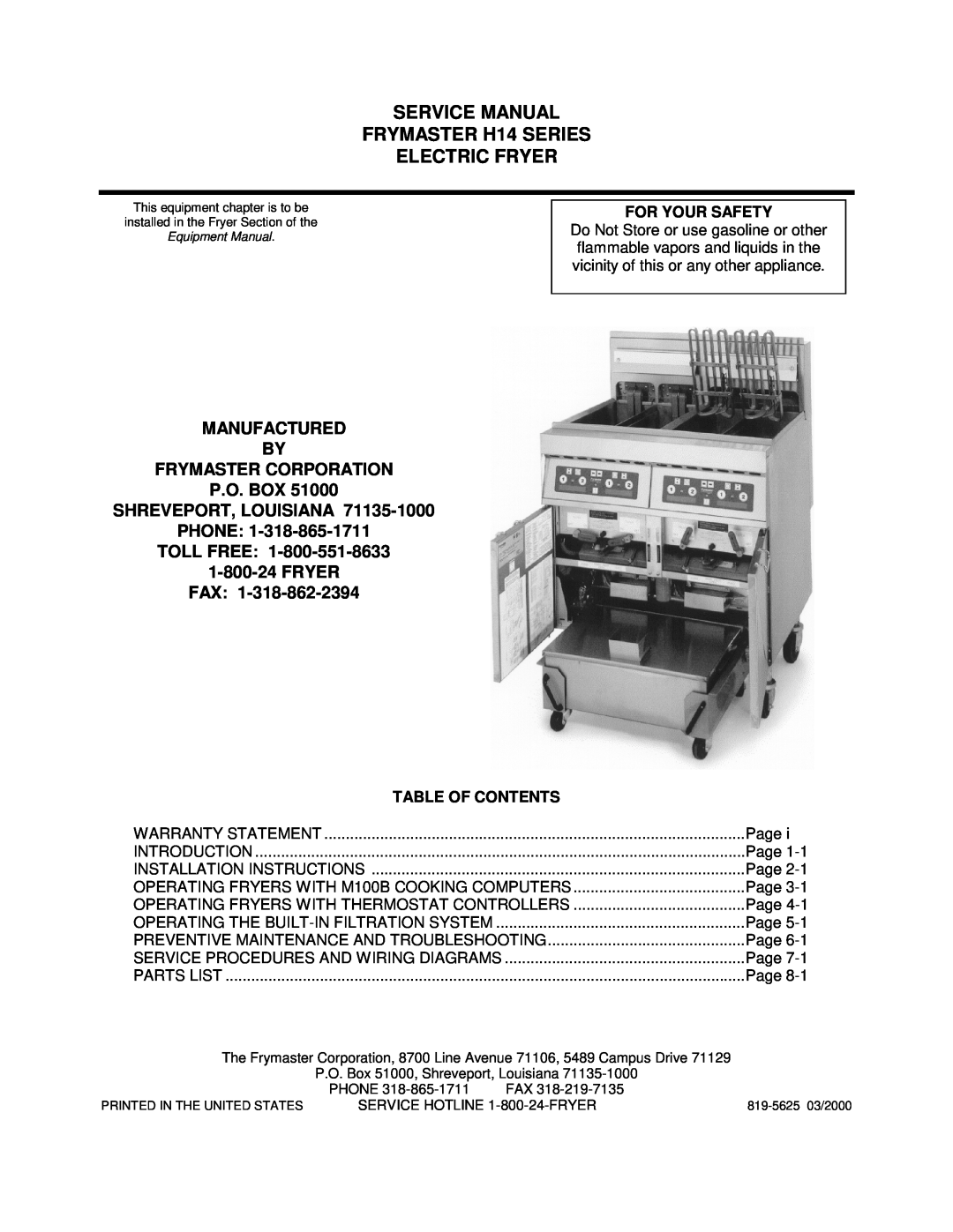 Frymaster H14 Series service manual SERVICE MANUAL FRYMASTER H14 SERIES ELECTRIC FRYER, PHONE TOLL FREE 1-800-24 FRYER FAX 