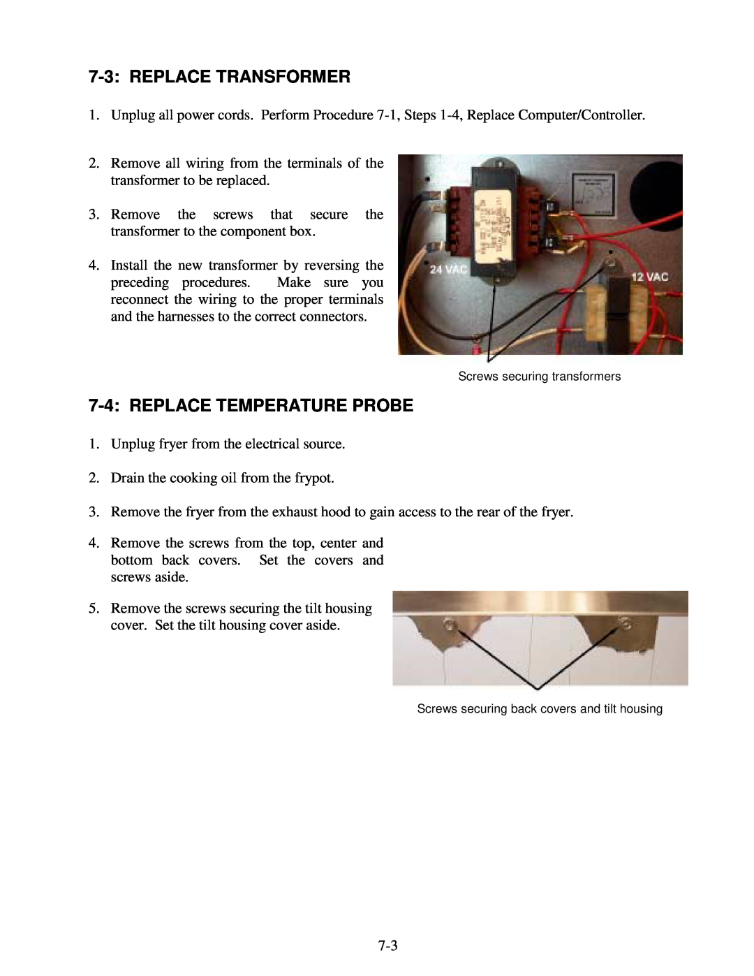 Frymaster H14 Series service manual Replace Transformer, Replace Temperature Probe, Screws securing transformers 
