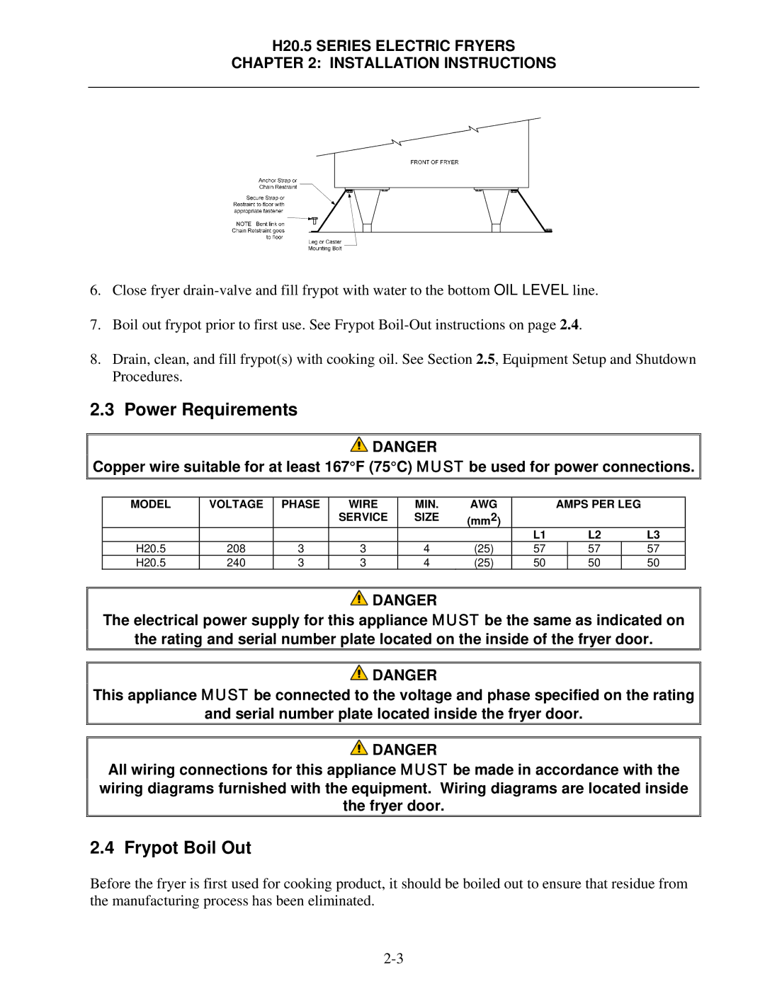 Frymaster H20.5 SERIES manual Power Requirements, Frypot Boil Out 