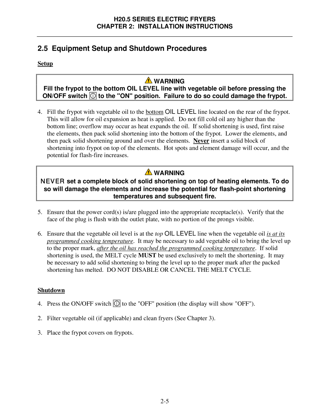 Frymaster H20.5 SERIES manual Equipment Setup and Shutdown Procedures 