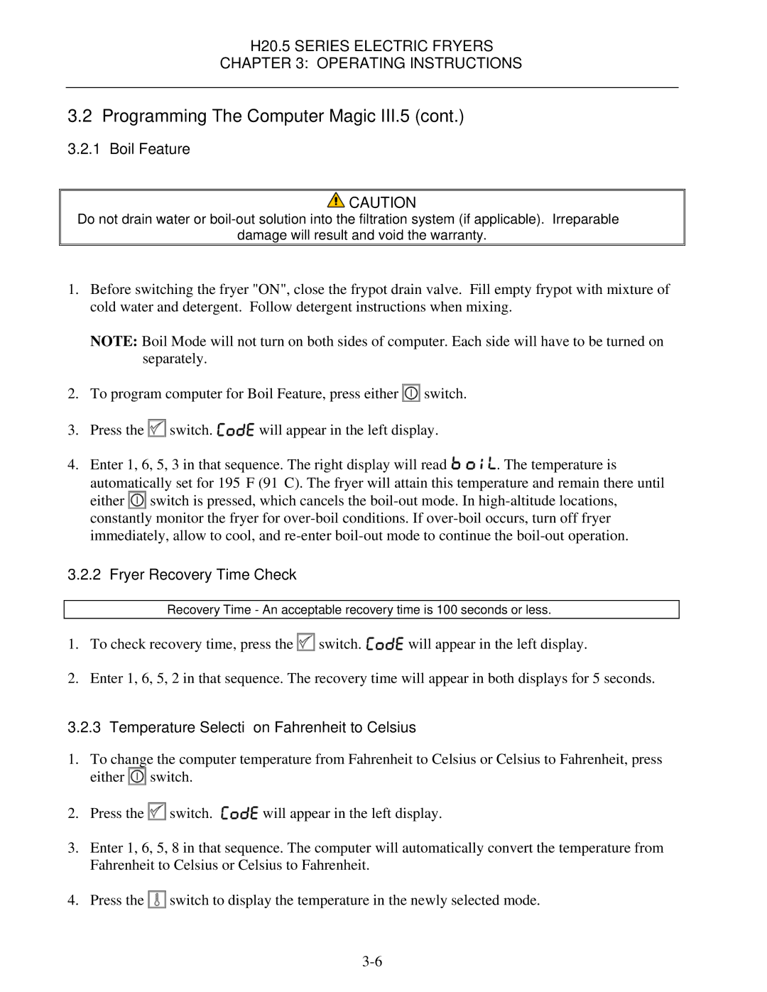 Frymaster H20.5 SERIES manual Boil Feature, Fryer Recovery Time Check, Temperature Selection-Fahrenheit to Celsius 