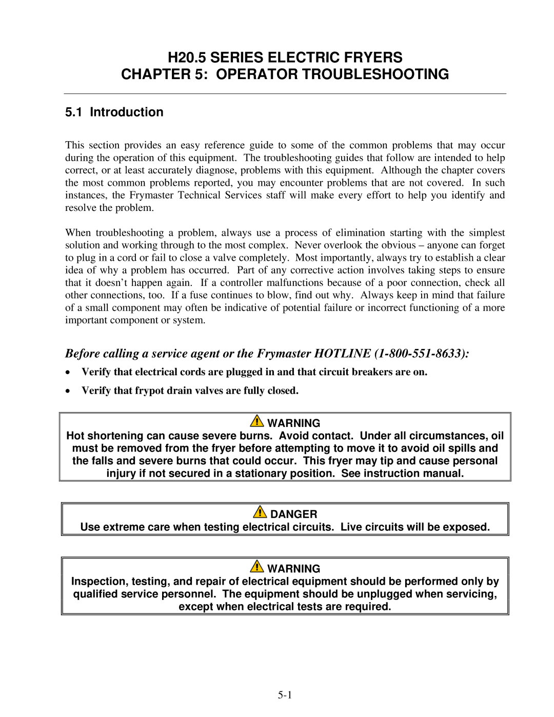 Frymaster H20.5 SERIES manual H20.5 Series Electric Fryers Operator Troubleshooting, Introduction 