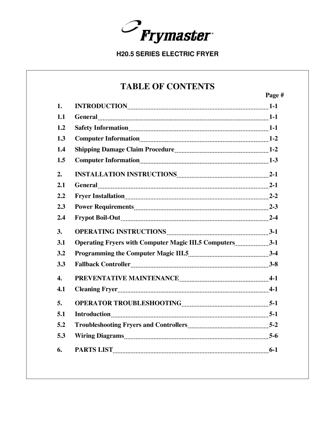 Frymaster H20.5 SERIES manual Table of Contents 