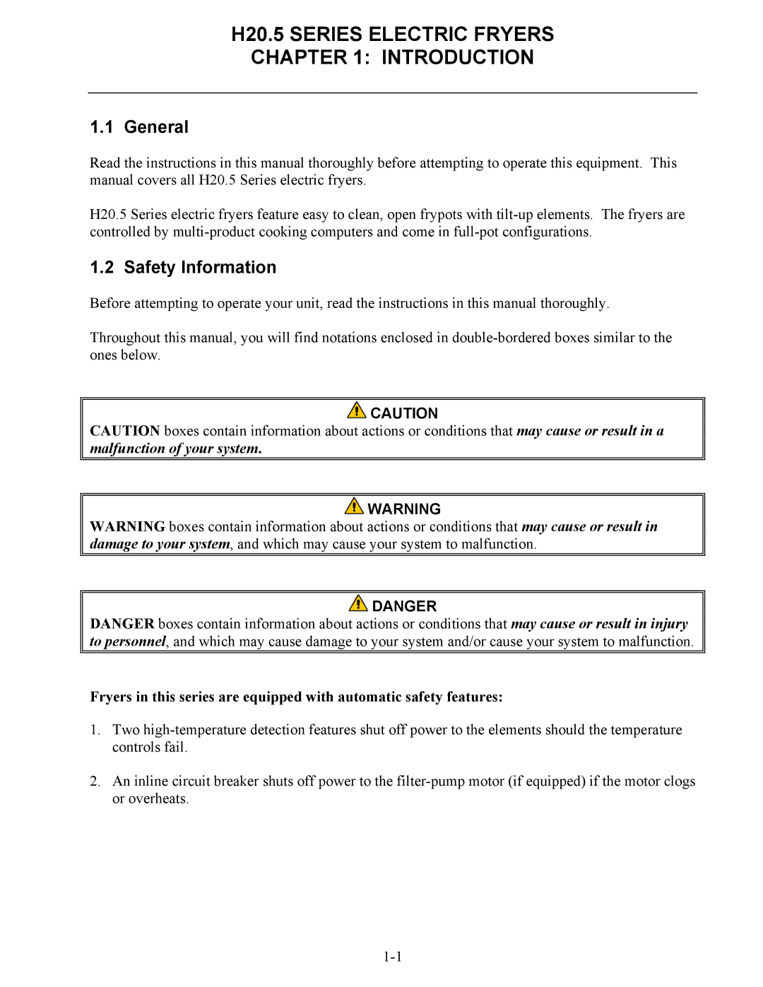 Frymaster H20.5 SERIES manual H20.5 Series Electric Fryers Introduction, General, Safety Information 