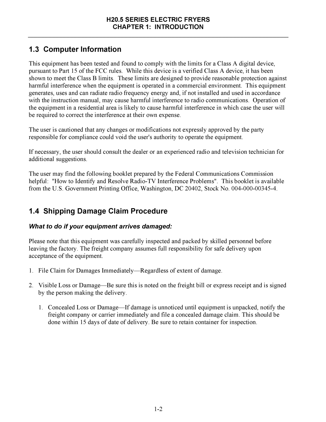 Frymaster H20.5 SERIES manual Computer Information, Shipping Damage Claim Procedure 