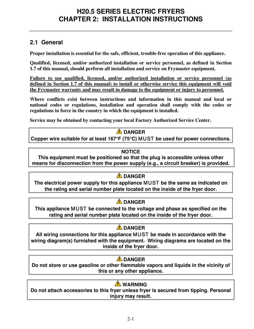 Frymaster H20.5 SERIES manual H20.5 Series Electric Fryers Installation Instructions, General 