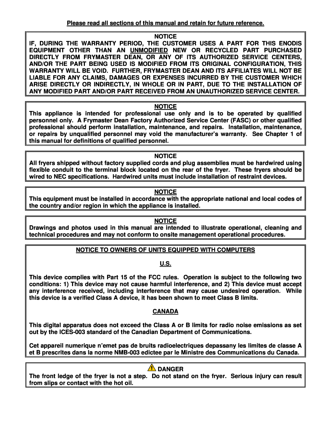 Frymaster H20.5 SERIES manual Notice To Owners Of Units Equipped With Computers U.S, Canada, Danger 