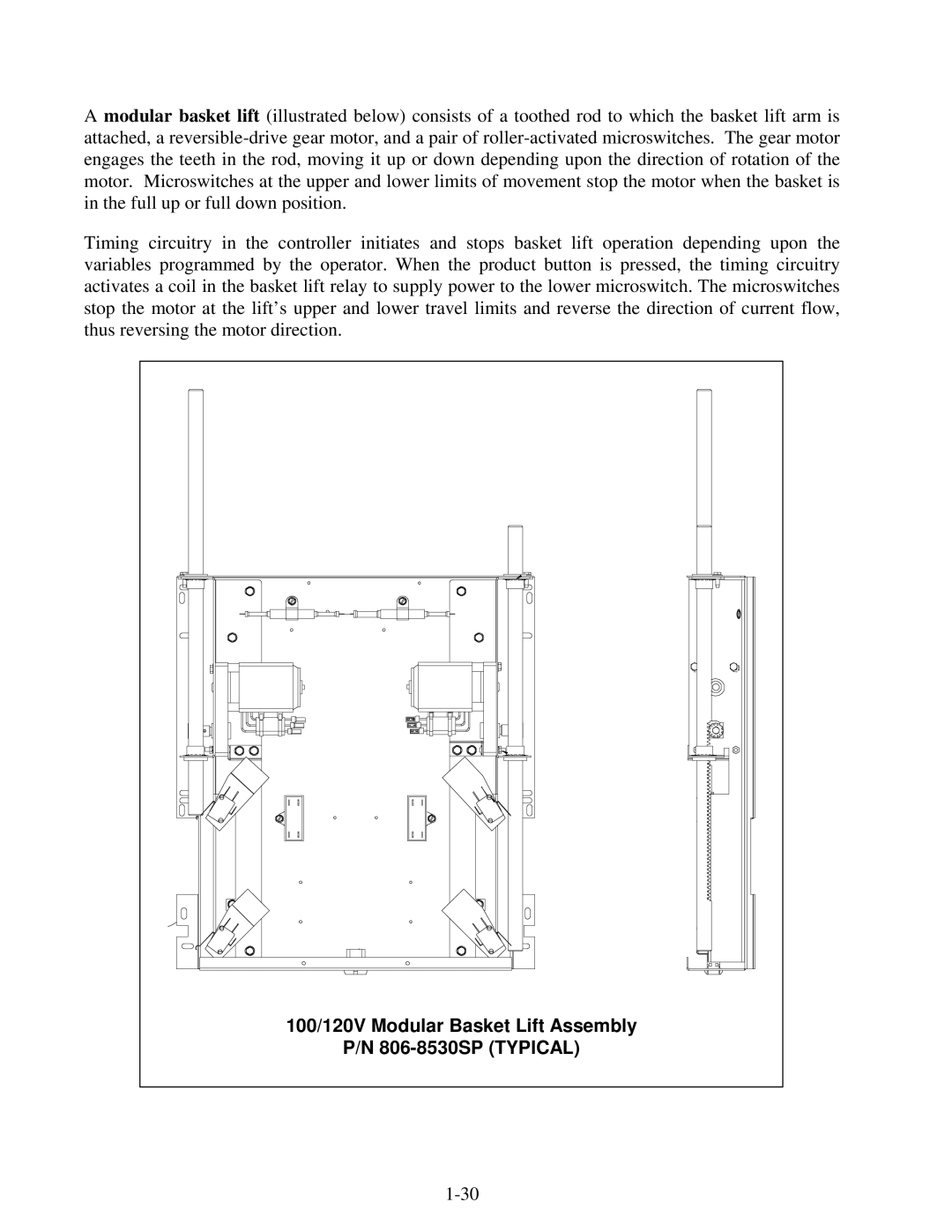 Frymaster H50 Series manual 100/120V Modular Basket Lift Assembly 806-8530SP Typical 