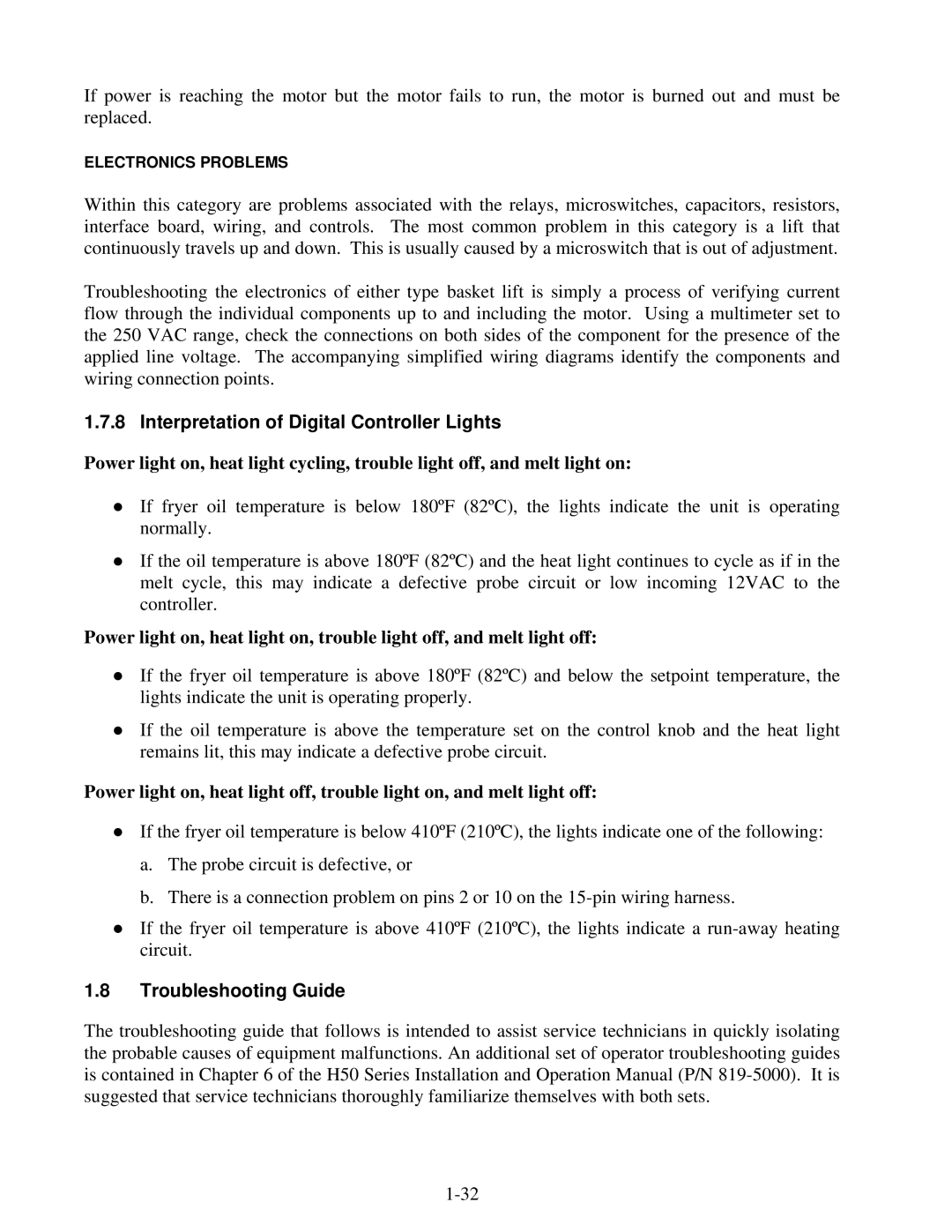 Frymaster H50 Series manual Interpretation of Digital Controller Lights, Troubleshooting Guide 