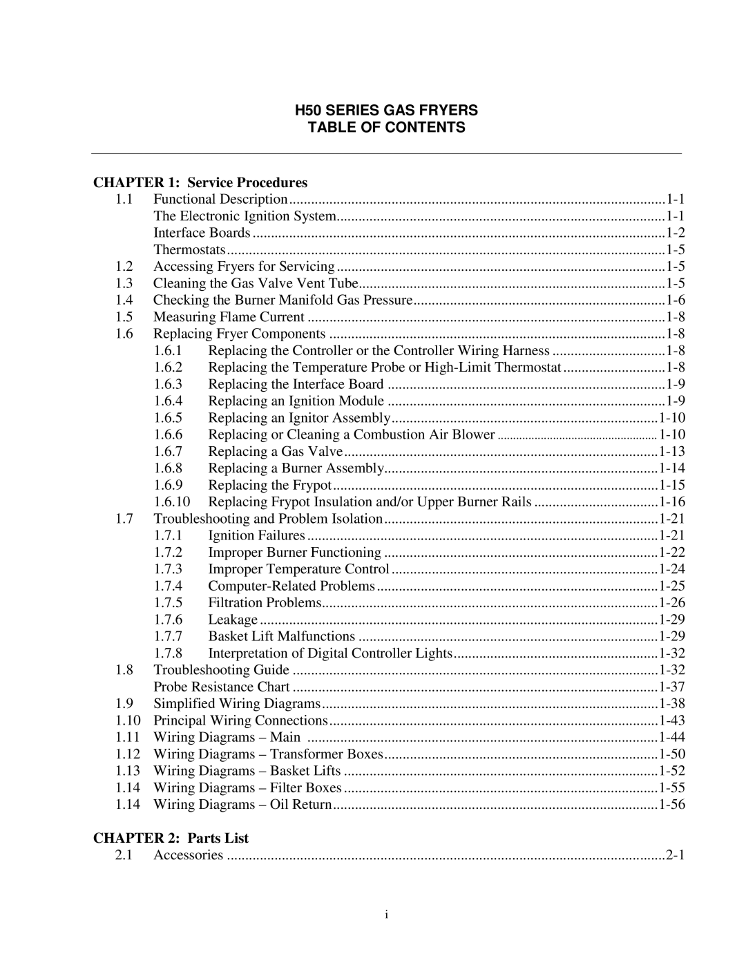 Frymaster manual H50 Series GAS Fryers Table of Contents 