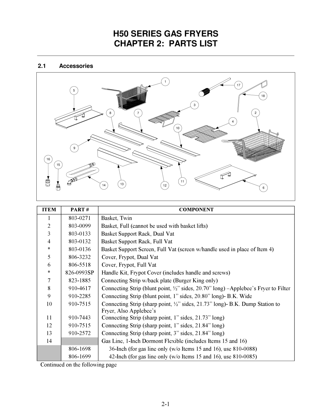 Frymaster manual H50 Series GAS Fryers Parts List, Accessories 