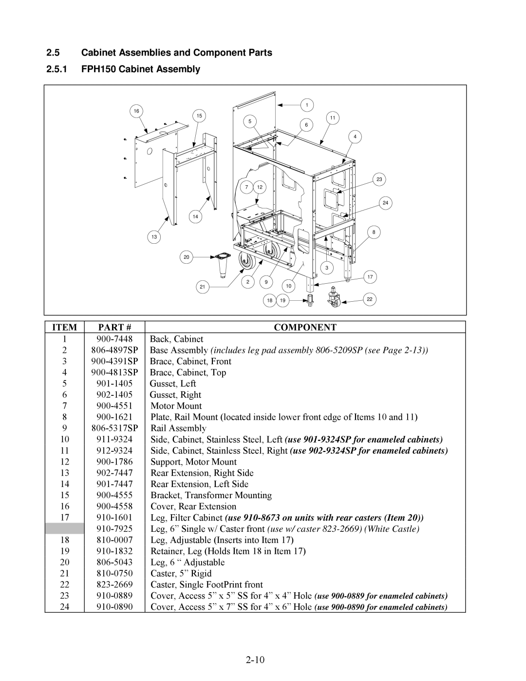 Frymaster H50 Series manual Base Assembly includes leg pad assembly 806-5209SP see 