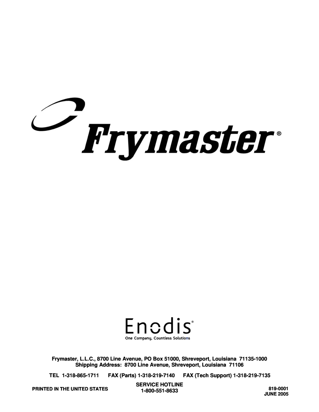 Frymaster H50 Series manual Service Hotline 