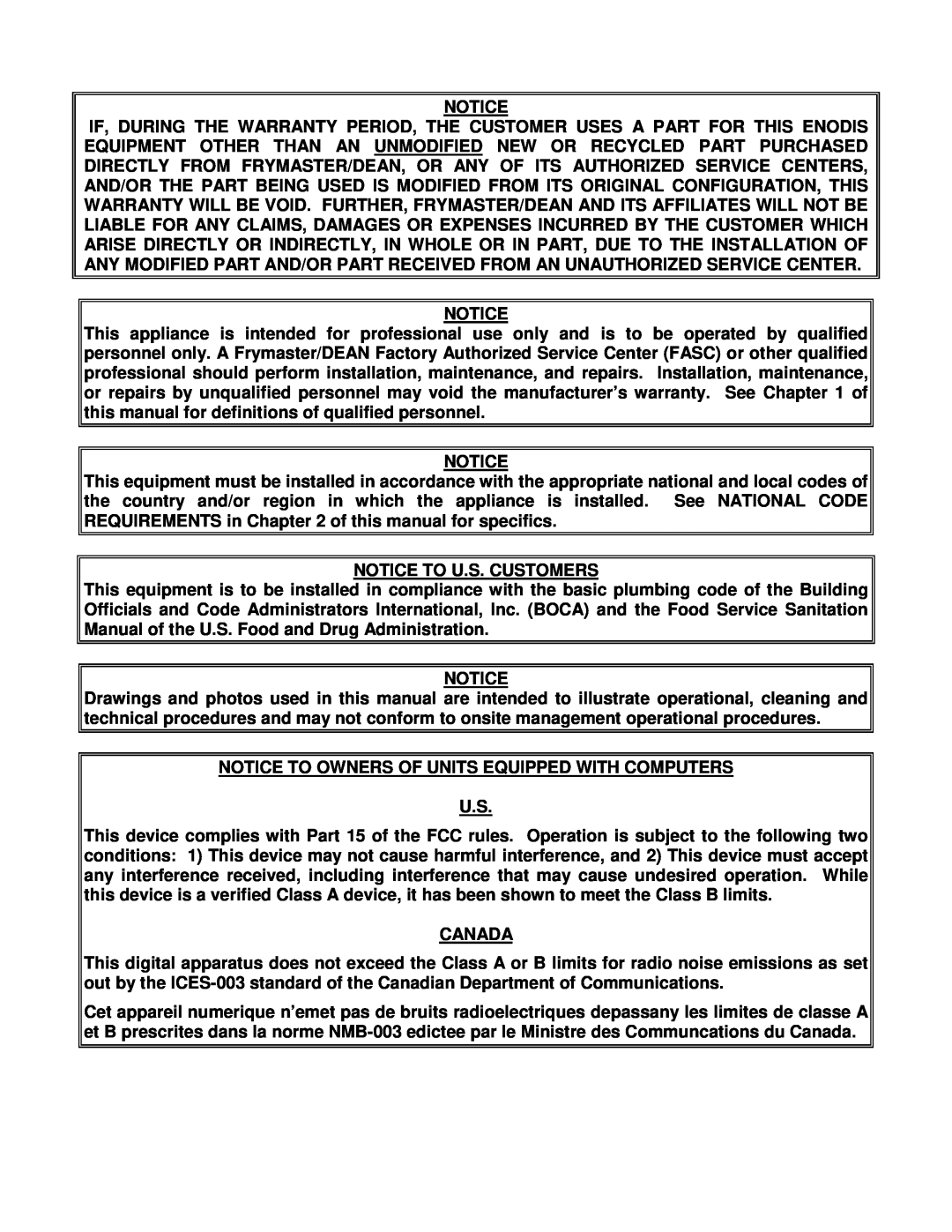 Frymaster H50 Series manual Notice To U.S. Customers, Notice To Owners Of Units Equipped With Computers, Canada 