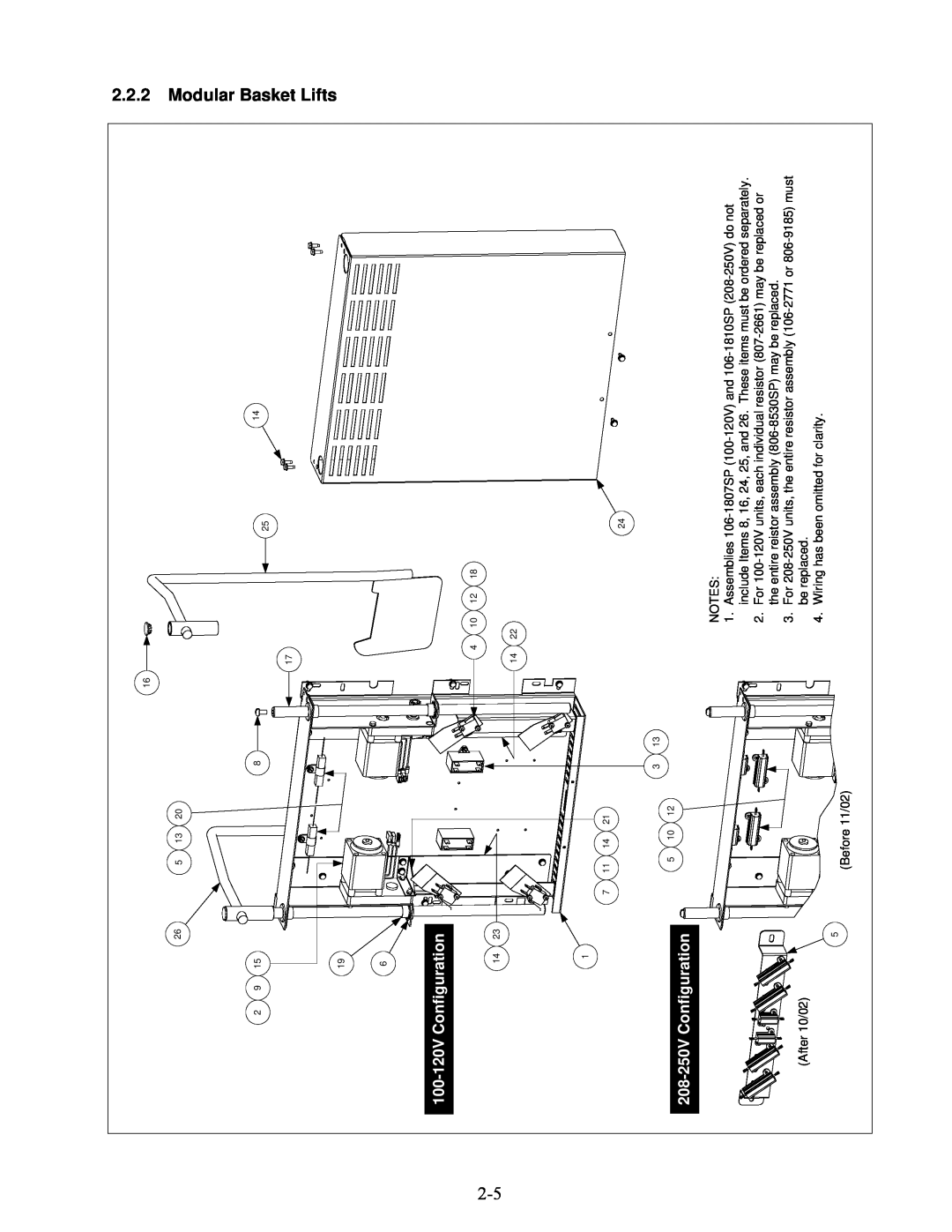 Frymaster H50 Series manual Modular Basket Lifts, 100-120VConfiguration, 208-250VConfiguration 