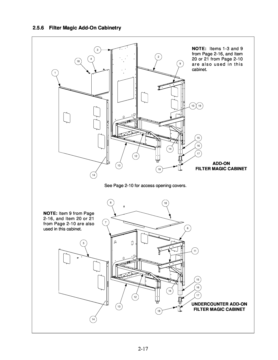 Frymaster H50 Series manual 2.5.6Filter Magic Add-OnCabinetry, NOTE: Items 1-3and 9 from Page 2-16,and Item 
