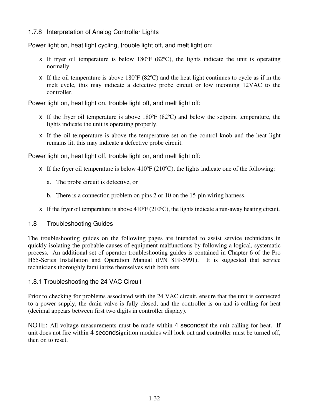 Frymaster H50 manual Interpretation of Analog Controller Lights, Troubleshooting Guides Troubleshooting the 24 VAC Circuit 