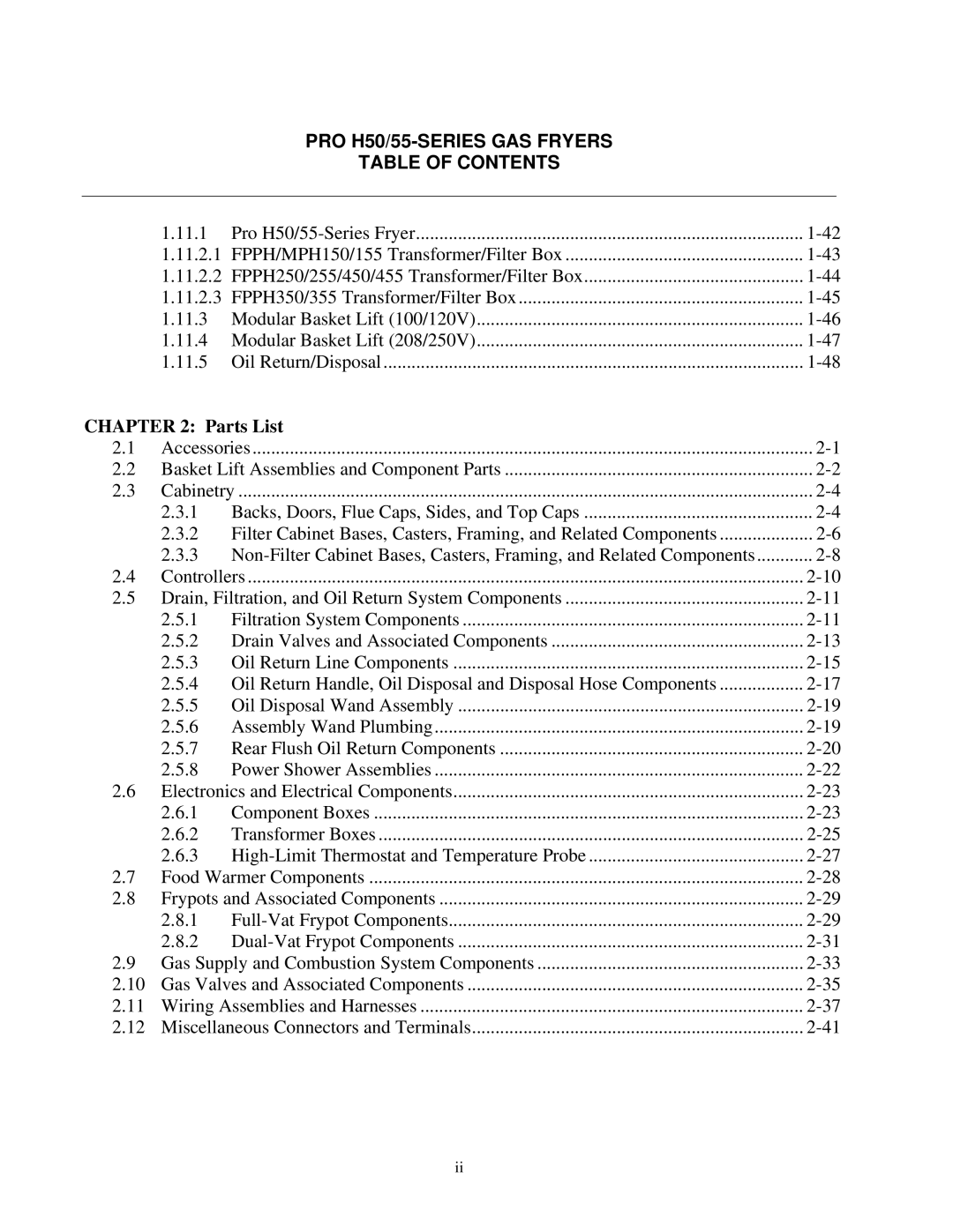 Frymaster H50 manual Parts List 