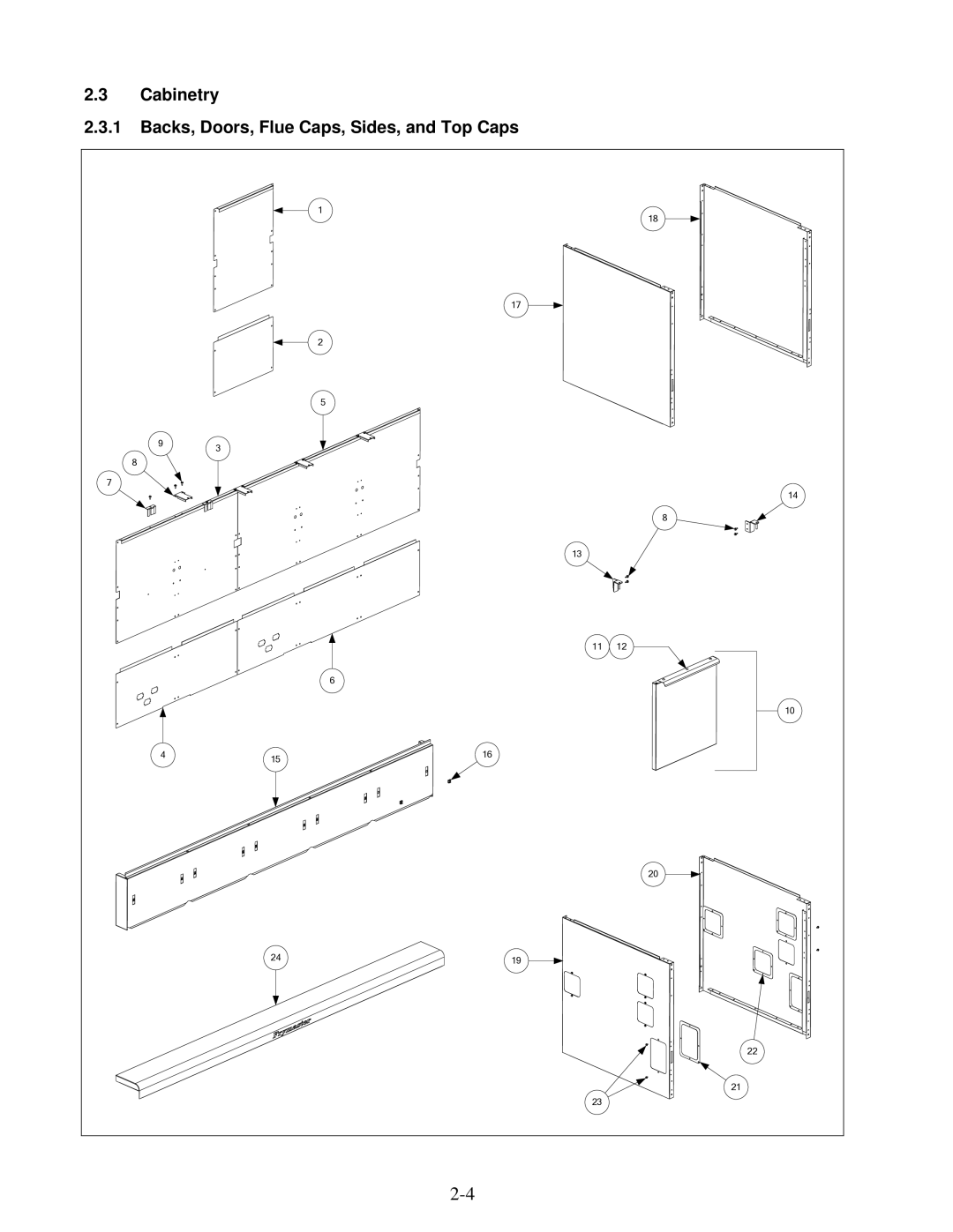 Frymaster H50 manual Cabinetry Backs, Doors, Flue Caps, Sides, and Top Caps 