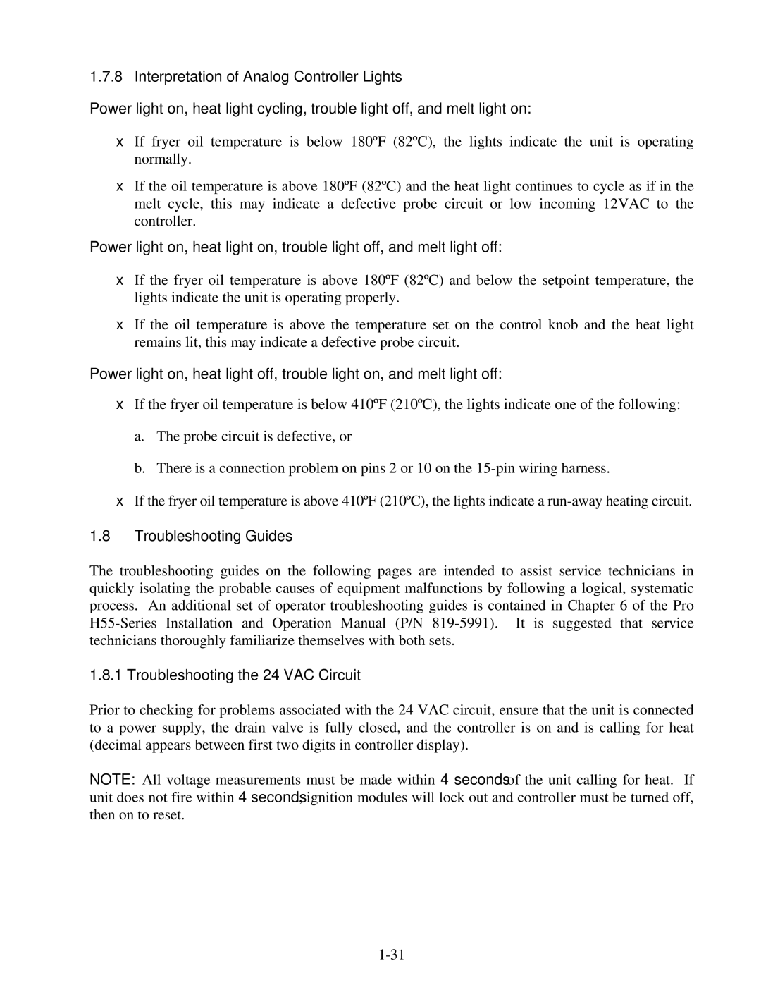 Frymaster H50 manual Interpretation of Analog Controller Lights, Troubleshooting Guides Troubleshooting the 24 VAC Circuit 