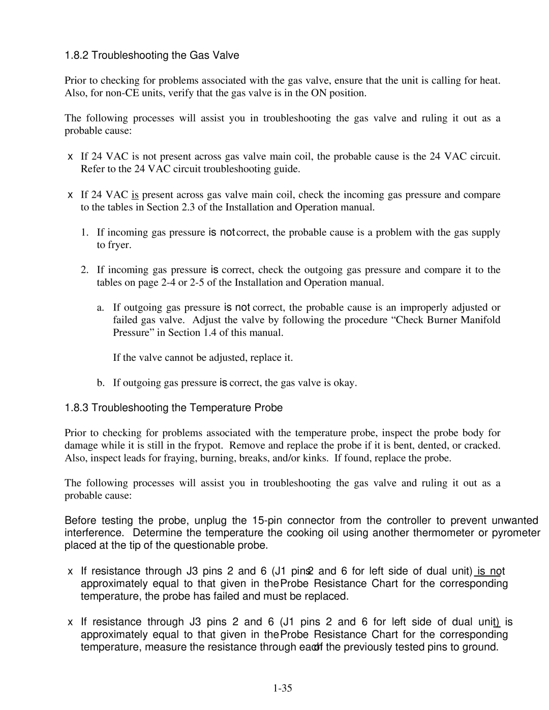 Frymaster H50 manual Troubleshooting the Gas Valve, Troubleshooting the Temperature Probe 