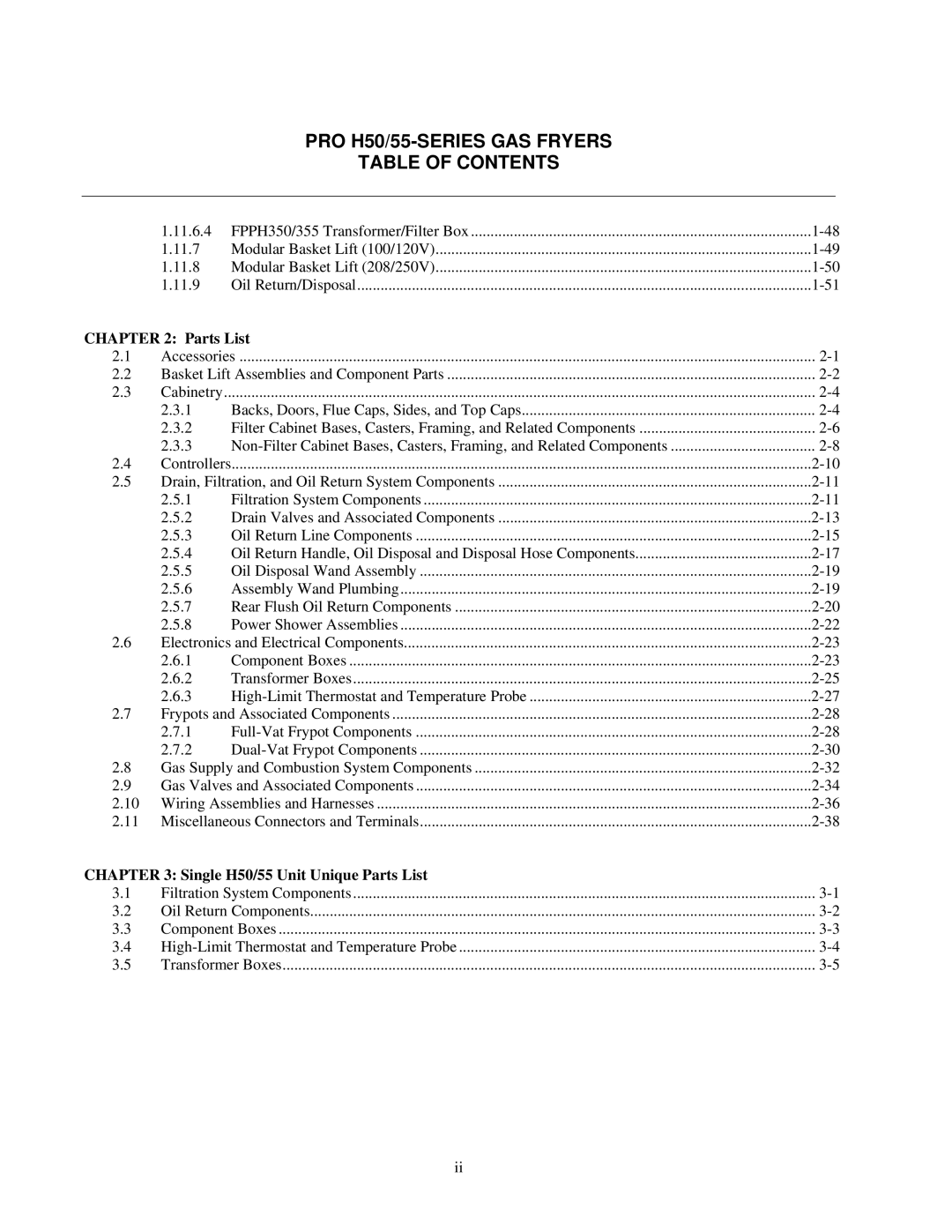 Frymaster H50 manual Parts List 